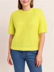 Miękka bluzka z krótkim rękawem i okrągłym dekoltem - żółty. Żółte bluzki Sinsay, l, bez wzorów, bez kołnierzyka, bez ramiączek. Za 45.99 zł.