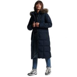 Damski płaszcz ze sztucznego futra Superdry Everest. Niebieskie płaszcze Superdry, bez wzorów, bez kaptura. Za 816.05 zł.