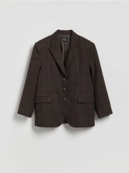 Jednorzędowa marynarka w kratę - ciemnobrązowy. Brązowe marynarki i żakiety Reserved, l, bez wzorów, z tkaniny, bez ramiączek. Za 259.99 zł.