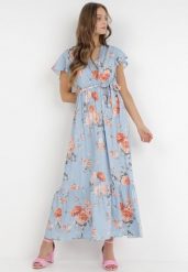 Jasnoniebieska Kopertowa Sukienka w Kwiatowy Wzór z Paskiem i Falbanką Thellippe. Niebieskie sukienki Born2be, na imprezę, l, bez wzorów, eleganckie, bez kołnierzyka, bez ramiączek, maxi, kopertowe. W wyprzedaży za 63.74 zł.