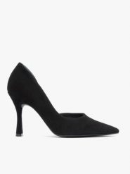 Czarne welurowe czółenka na obcasie flare. Czarne czółenka Ryłko, bez wzorów, z gumy, eleganckie, bez obcasa, na obcasie, bez zapięcia. Za 379.99 zł.