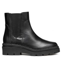 Sztyblety Geox. Czarne botki Geox, bez wzorów, bez obcasa, na płaskiej podeszwie, bez zapięcia. Za 329.99 zł.