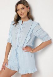 Jasnoniebieski Kombinezon z Lnu i Wiskozy w Stylu Boho z Falbankami i Koronką Linalisse. Niebieskie sukienki Born2be, na co dzień, m, bez wzorów, z koronki, boho, bez kołnierzyka, bez ramiączek. W wyprzedaży za 144.49 zł.
