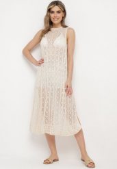 Beżowa Ażurowa Tunika Boho bez Rękawów Kimalia. Brązowe tuniki Born2be, m, z aplikacjami, boho, bez kołnierzyka, bez ramiączek. Za 119.99 zł.