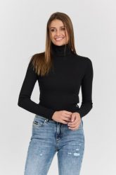 CALVIN KLEIN Czarny damski krótki golf. Czarne swetry Calvin Klein, s, bez wzorów, z bawełny, eleganckie, bez ramiączek. W wyprzedaży za 139.99 zł.