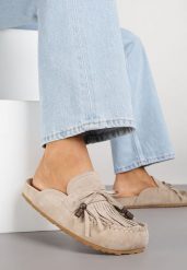 Ciemnobeżowe Klapki z Frędzlami i Kokardą Narialla. Brązowe klapki Born2be, bez wzorów, bez obcasa, na płaskiej podeszwie, bez zapięcia. Za 119.99 zł.