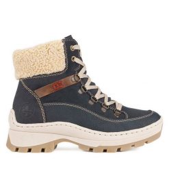 Trzewiki Rieker. Niebieskie botki Rieker, bez wzorów, bez obcasa, na płaskiej podeszwie, bez zapięcia. Za 272.99 zł.
