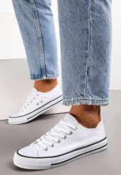 Biało-Czarne Sznurowane Trampki przed Kostkę Hanei. Białe trampki Renee, bez wzorów, eleganckie, przed kostkę, bez zapięcia. W wyprzedaży za 39.99 zł.