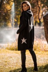 Kardigan z Kapturem i Motywem Gwiazdy - Czarno Srebrny. Czarne swetry MOE, l, bez wzorów, z materiału, bez ramiączek. Za 283.90 zł.