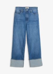 Dżinsy straight, high waist z podwiniętymi nogawkami. Niebieskie jeansy bonprix, bez wzorów, z jeansu, z podwyższonym stanem. Za 219.99 zł.