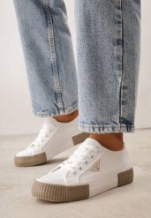 Biało-Beżowe Trampki VICES na Grubej Podeszwie z Tłoczeniami z Trójkątną Aplikacją Bolirea. Białe trampki Born2be, z aplikacjami, z materiału, bez zapięcia. Za 69.99 zł.