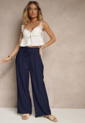 Granatowe Szerokie Spodnie High Waist z Wiskozy z Gumką w Talii Lannalie. Niebieskie jeansy Renee, bez wzorów, z jeansu, eleganckie, z podwyższonym stanem. W wyprzedaży za 55.99 zł.