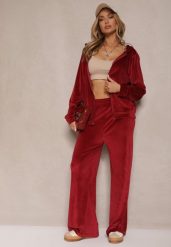 Bordowy Komplet Dresowy z Welurowego Materiału Bluza i Spodnie na Gumce Salliren. Czerwone bluzy Renee, plus size, bez wzorów, z dresówki, eleganckie, bez ramiączek, bez kaptura. W wyprzedaży za 47.99 zł.