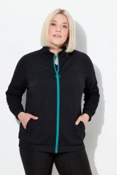 Damskie Bluza dresowa rękawy marszczone kaptur 2-kierunkowy zamek błyskawiczny. Czarne bluzy Ulla Popken, m, bez wzorów, z dresówki, bez ramiączek, z kapturem. Za 349.99 zł.