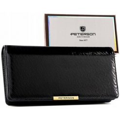 Lakierowany portfel damski ze skóry ekologicznej w czarnym kolorze zamykany na zatrzask i suwak PTN 005-NF8Peterson. Czarne portfele Peterson, bez wzorów, z lakierowanej skóry. Za 69.00 zł.