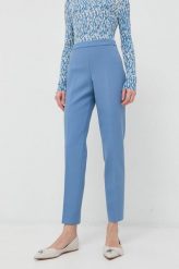 BOSS spodnie damskie kolor niebieski dopasowane high waist. Niebieskie spodnie materiałowe Boss, bez wzorów, z materiału, z podwyższonym stanem. Za 779.99 zł.