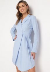 Jasnoniebieska Rozkloszowana Sukienka Mini z Kopertową Górą i Plisami na Dole Lontasa. Niebieskie sukienki Born2be, m, bez wzorów, eleganckie, bez kołnierzyka, bez ramiączek, mini, kopertowe. W wyprzedaży za 127.49 zł.
