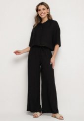 Czarny Wiskozowy Komplet Oversize Koszula z Krótkim Rękawem i Spodnie Dovilissea. Czarne koszule Born2be, m, bez wzorów, z wiskozy, eleganckie, bez kołnierzyka, bez ramiączek. Za 169.99 zł.