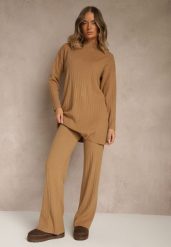Brązowy Komplet z Dzianiny z Bawełną Spodnie Wide Leg i Sweter Lanneia. Brązowe swetry Renee, uniwersalny, bez wzorów, z bawełny, eleganckie, bez ramiączek. Za 129.99 zł.