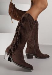 Ciemnobrązowe Kozaki Typu Kowbojki na Stożkowym Obcasie z Frędzlami Reissana. Brązowe kozaki Born2be, bez wzorów, z jeansu, eleganckie, bez obcasa, na obcasie, bez zapięcia. Za 169.99 zł.
