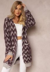Ciemnofioletowy Niezapinany Kardigan o Przedłużonym Fasonie w Zygzaki Chevron Oherna. Fioletowe swetry Renee, bez wzorów, z tkaniny, bez ramiączek. W wyprzedaży za 87.99 zł.
