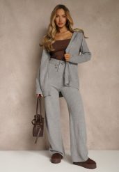 Ciemnoszary Komplet z Wełną i Bawełną Rozpinana Bluza z Kapturem i Szerokie Spodnie Reisema. Szare bluzy Renee, s, bez wzorów, z bawełny, klasyczne, bez ramiączek, z kapturem. Za 129.99 zł.