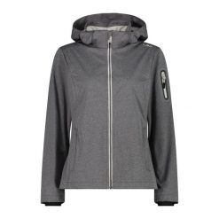 Damska kurtka turystyczna z kapturem CMP. Szare kurtki przejściowe sportowe CMP, xs, bez wzorów, z softshellu, z kapturem, trekkingowe. W wyprzedaży za 351.65 zł.