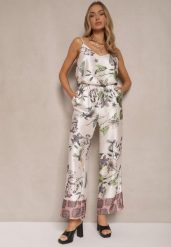 Beżowe Spodnie z Wiskozą o Szerokim Kroju High Waist w Kwiaty Davilsa. Brązowe jeansy Renee, l, bez wzorów, z jeansu, z podwyższonym stanem. W wyprzedaży za 74.99 zł.