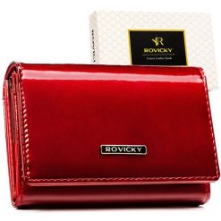 Duży, lakierowany portfel damski ze skóry naturalnej i ekologicznej w czerwonym kolorze, zamykany na zatrzask - Rovicky. Czerwone portfele ROVICKY, bez wzorów, z lakierowanej skóry. Za 74.99 zł.