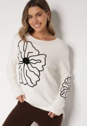 Biały Sweter Ozdobiony Haftowanymi Kwiatami Halatusea. Białe swetry Born2be, z aplikacjami, z jeansu, klasyczne, bez ramiączek. Za 69.99 zł.