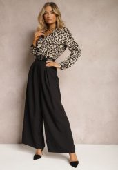 Czarne Szerokie Spodnie w Stylu Palazzo z Paskiem Detalia. Czarne jeansy Renee, m, bez wzorów, z jeansu, biznesowe, z podwyższonym stanem, długie. W wyprzedaży za 135.99 zł.