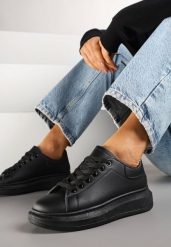 Czarne Sneakersy Typu Tenisówki na Niskim Koturnie Elanireth. Czarne trampki Renee, bez wzorów, z jeansu, eleganckie, bez zapięcia. W wyprzedaży za 55.99 zł.
