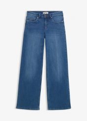 Dżinsy wide leg, średni stan, z bawełny organicznej. Niebieskie jeansy bonprix, bez wzorów, z bawełny. Za 169.99 zł.