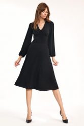 Czarna Elegancka Midi Sukienka z Bufiastym Rękawem. Czarne sukienki Nife, l, bez wzorów, z elastanu, eleganckie, bez kołnierzyka, bez ramiączek, midi. Za 198.90 zł.