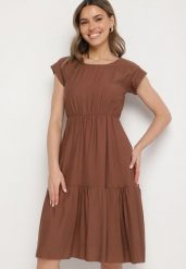 Brązowa Wiskozowa Sukienka o Rozkloszowanym Kroju Lizena. Brązowe sukienki Born2be, na co dzień, bez wzorów, z wiskozy, eleganckie, bez kołnierzyka, bez ramiączek, midi, rozkloszowane. W wyprzedaży za 67.99 zł.