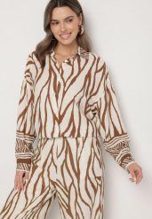 Beżowa Wiskozowa Koszula z Lnem i Geometrycznym Wzorem Sepineva. Brązowe koszule Born2be, bez wzorów, z jeansu, eleganckie, bez kołnierzyka, bez ramiączek. Za 89.99 zł.