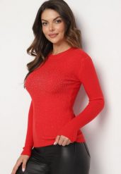 Czerwony Sweter Prążkowany z Cyrkoniami Romivra. Czerwone swetry Born2be, uniwersalny, bez wzorów, z jeansu, eleganckie, bez ramiączek. Za 44.99 zł.