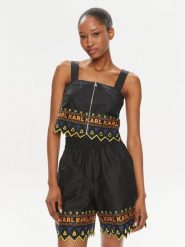 KARL LAGERFELD Top 241W1611 Czarny Regular Fit. Czarne topy KARL LAGERFELD, bez wzorów, z bawełny, bez kołnierzyka, bez ramiączek. Za 389.99 zł.