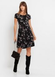 Sukienka z dżerseju z mieszanki wiskozy. Czarne sukienki bonprix, bez wzorów, z dżerseju, bez kołnierzyka, bez ramiączek, mini, rozkloszowane. Za 114.99 zł.
