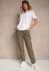 Ciemnozielone Spodnie z Bawełną i Sznurowaniem Purrena. Zielone jeansy Renee, l, bez wzorów, z bawełny, eleganckie. W wyprzedaży za 35.99 zł.