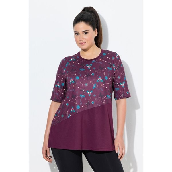 Damskie Bluzka funkcyjna krój trapezowy okrągły dekolt rękaw 1/2 z recyklingu. Fioletowe t-shirty sportowe Ulla Popken, plus size, bez wzorów, z elastanu, bez ramiączek. Za 199.99 zł.