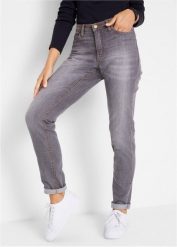Jeansy o kroju mom, mid waist, z wygodnym stretchem. Szare jeansy bonprix, bez wzorów, z jeansu. Za 109.99 zł.