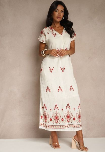 Biało-Czerwona Sukienka z Wiskozy ze Wzorem w Stylu Etno Meluriela. Białe sukienki Renee, na co dzień, l, bez wzorów, z wiskozy, etno, bez kołnierzyka, bez ramiączek, maxi. Za 89.99 zł.