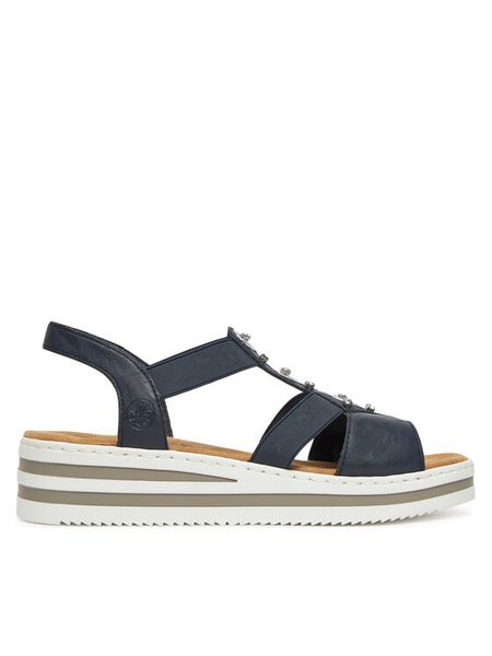 Rieker Sandały V0287-14 Granatowy. Niebieskie sandały Rieker, bez wzorów, z materiału, bez obcasa, na koturnie, bez zapięcia. Za 229.99 zł.