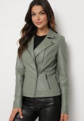Zielona Kurtka Ramoneska z Napami Asymetrycznym Suwakiem Mevilina. Zielone kurtki Born2be, m, bez wzorów, z bawełny, eleganckie, bez kaptura. W wyprzedaży za 146.99 zł.