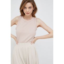 GAP top damski kolor beżowy. Brązowe topy GAP, l, bez wzorów, z dzianiny, bez kołnierzyka, bez ramiączek. W wyprzedaży za 53.99 zł.