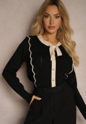 Czarny Sweter z Wiskozą z Ozdobnymi Guzikami i Kokardą w Stylu Retro Miaraine. Czarne swetry Renee, bez wzorów, z jeansu, biznesowe, bez ramiączek. W wyprzedaży za 103.99 zł.