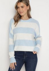 Jasnoniebieski Sweter w Pasy z Wełną Zakończony Ściągaczem Tiaelle. Niebieskie swetry Born2be, bez wzorów, z wełny, klasyczne, bez ramiączek. W wyprzedaży za 118.99 zł.