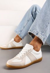 Beżowo-Białe Sneakersy Tenisówki z Ozdobnymi Przeszyciami Sumina. Brązowe trampki Renee, bez wzorów, z materiału, bez zapięcia. W wyprzedaży za 63.99 zł.