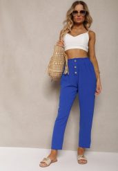 Granatowo-Niebieskie Spodnie Typu Paper Bag High Waist z Gumką w Talii Salvavia. Niebieskie jeansy Renee, na lato, l, bez wzorów, z jeansu, z podwyższonym stanem. W wyprzedaży za 39.99 zł.